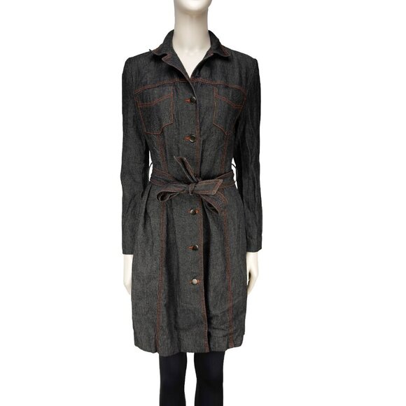 HOLT RENFREW Vtg Y2K Long Denim Gray Jeans Jacket button-down Tie Waist sz 2 - Picture 5 of 16